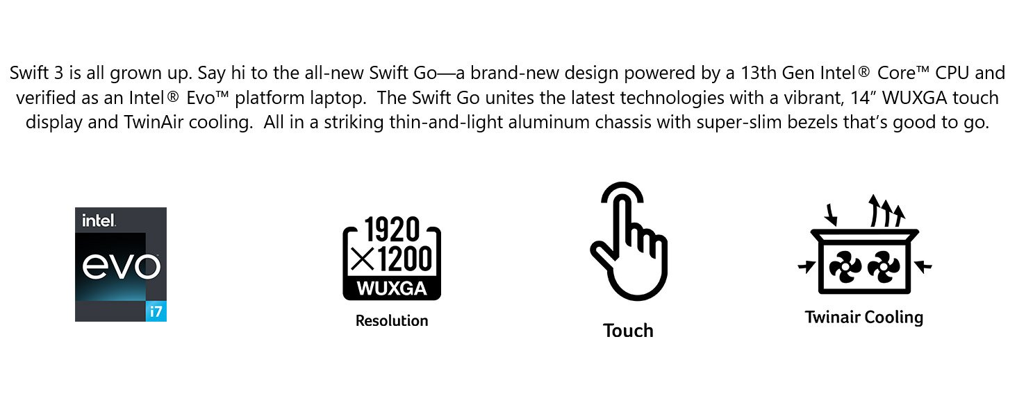 Acer Swift Go; touch screen laptop; Twinair; purifiedview; intel 13th gen; intel evo laptop; 16:10