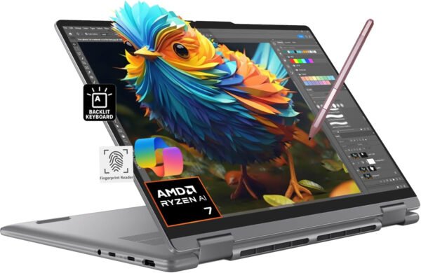 Lenovo Yoga 7 - Laptop 2 en 1 para creador, fotógrafo, diseñador (pantalla táctil FHD+ de 14 pulgadas, AMD Ryzen 7 8840HS, 16 GB LPDDR5x RAM, 1TB SSD, Stylus), PC AI, retroiluminada, FP, cámara web